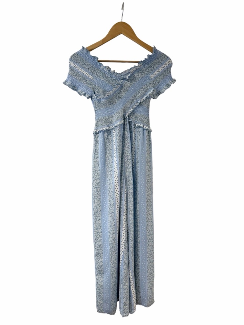 🌿 Japna Off-Shoulder Smocked Jumpsuit | Blue Floral Stripe | Size S